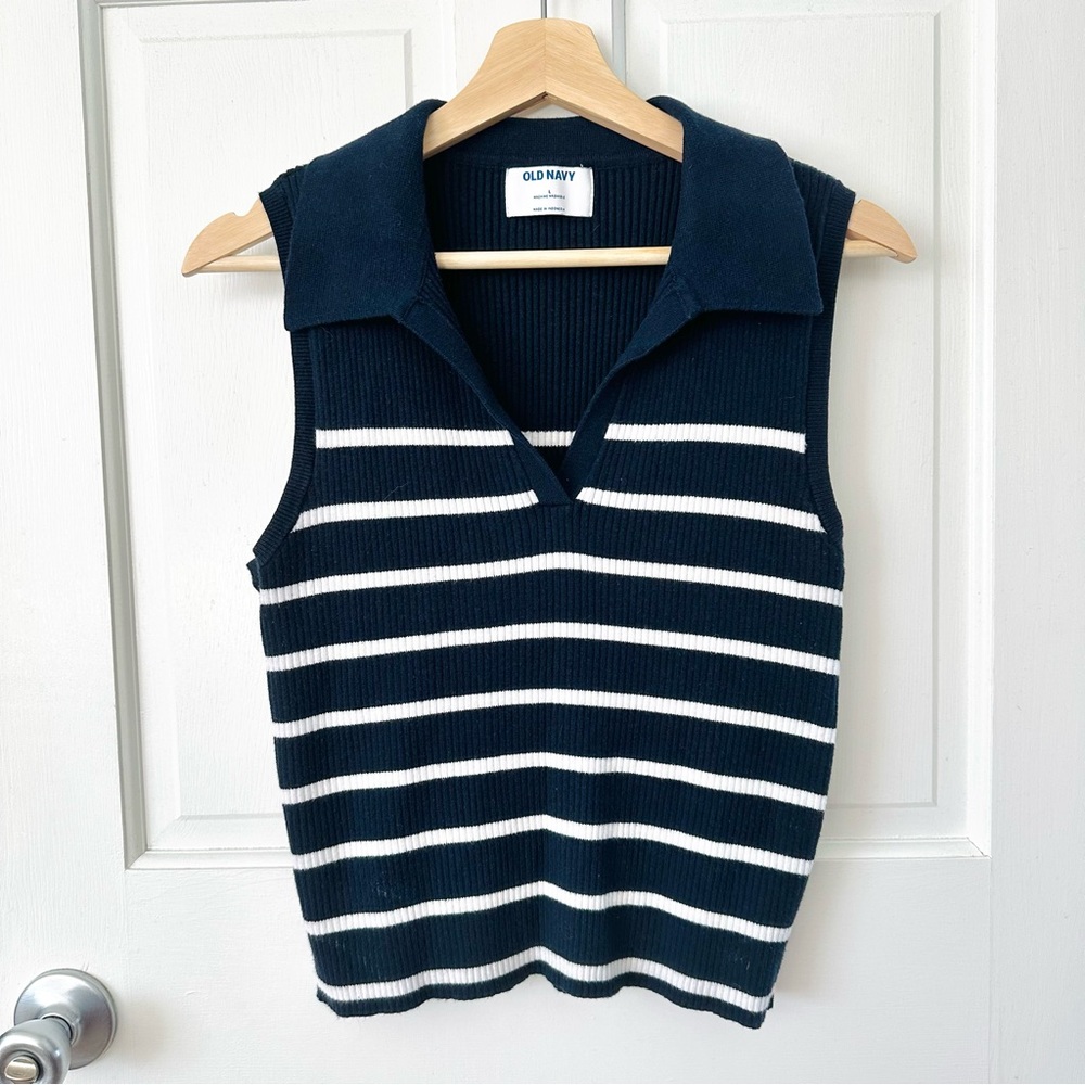 Old Navy Sleeveless Rib-Knit Striped Cropped Polo Collared Top Navy White Size L - Picture 2 of 12